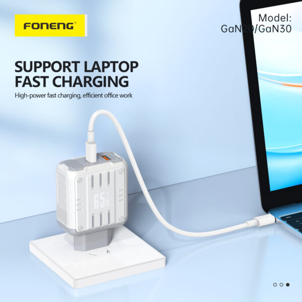 Foneng GaN30 USB A+C 2-Port GaN  Fast Charger - 65W | With Type-C To Type-C Cable - Image 3