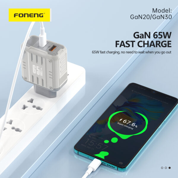 Foneng GaN30 USB A+C 2-Port GaN  Fast Charger - 65W | With Type-C To Type-C Cable - Image 6