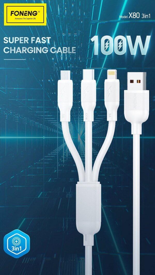 Foneng X80 1.2M 3-in-1 Fast Data Cable - 100W - Image 4