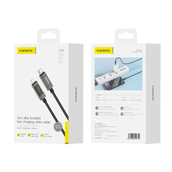 Foneng XS05 1.2M Battery Display Braided Fast Charging Data Cable (PD27W) - Lightning - Image 2