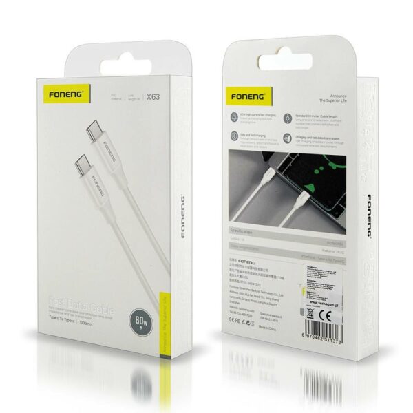 Foneng X63 USB-C to USB-C Fast Charging Data Cable 2.1A 1m - 60W - Image 2