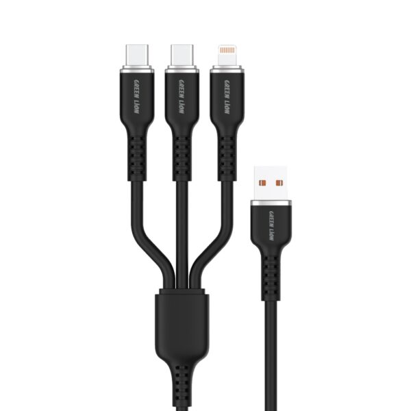 Green Lion 3in1 Silicone Cable USB-A To USB-C×2 and Lightning - Black