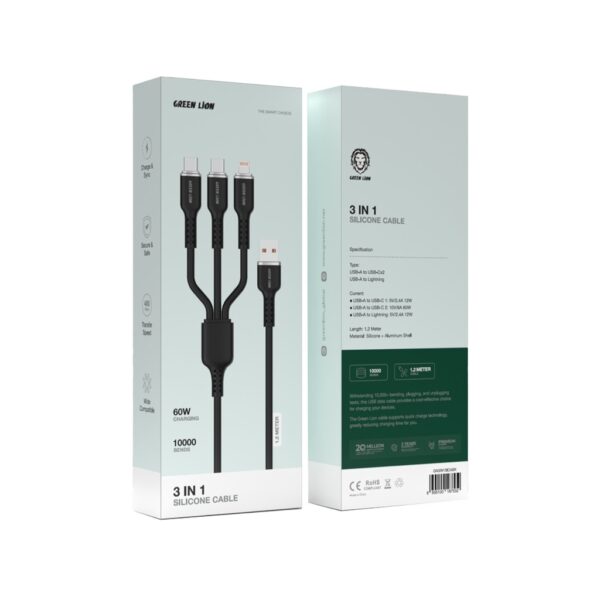 Green Lion 3in1 Silicone Cable USB-A To USB-C×2 and Lightning - Black - Image 2