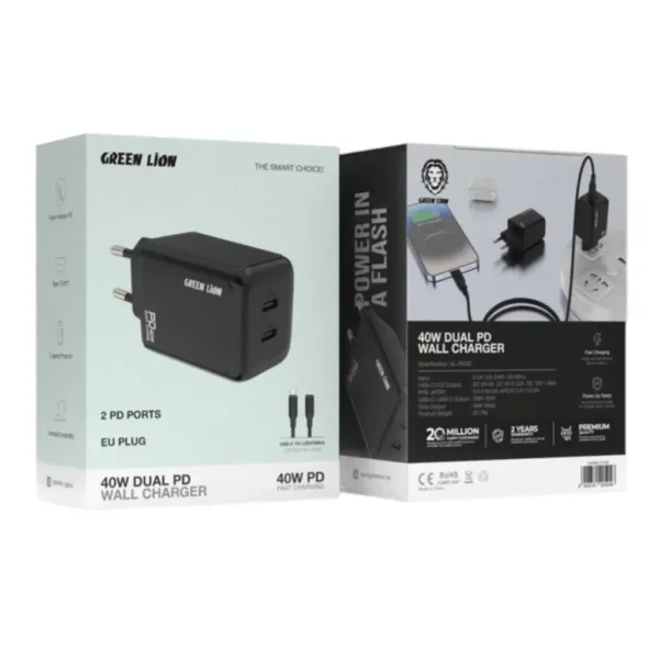 Green Lion 40W Dual PD Wall Charger With USB-C To Lightening Cable 1m EU - Black - Image 3