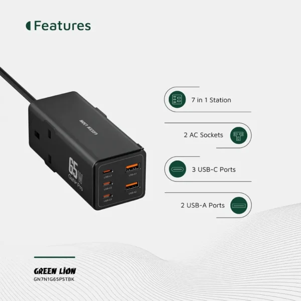 Green Lion 7 In 1 GaN 65W Power Strip - Black - Image 2