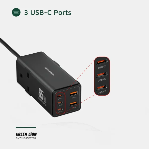 Green Lion 7 In 1 GaN 65W Power Strip - Black - Image 6