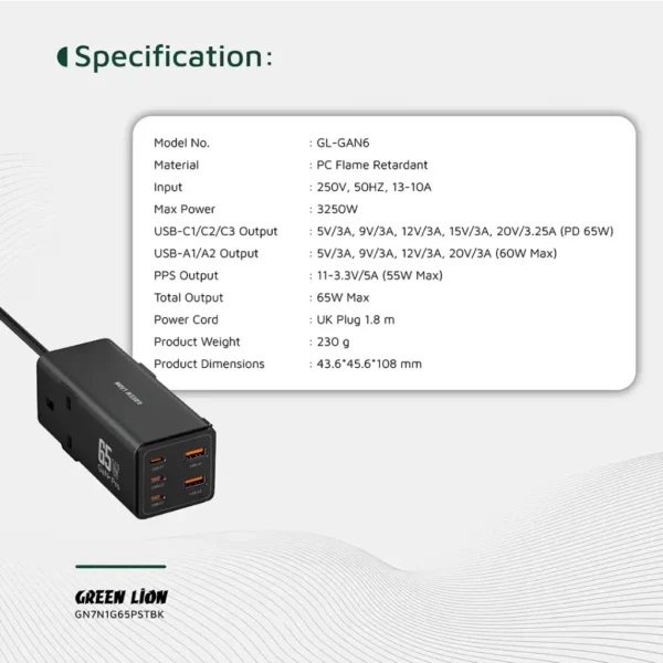 Green Lion 7 In 1 GaN 65W Power Strip - Black - Image 3