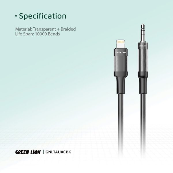 Green Lion Lightning to AUX Braided Cable 1M - Black - Image 2