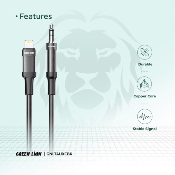 Green Lion Lightning to AUX Braided Cable 1M - Black - Image 3