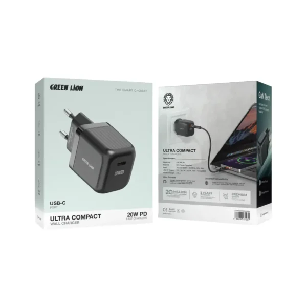 Green Lion Ultra Compact GaN Wall Charger EU Pin USB-C 20W (with USB-C to Lightning Cable) - Black - Image 2