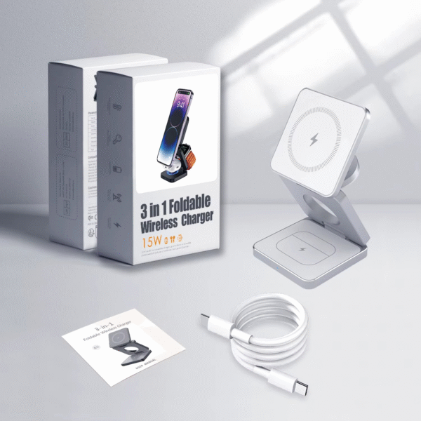 3-in-1Portable Wireless Charger Stand - 15W - White - Image 6