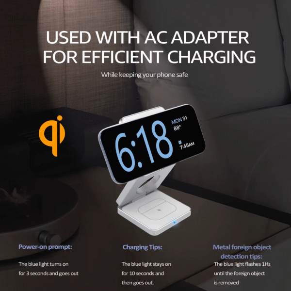 3-in-1Portable Wireless Charger Stand - 15W - White - Image 3