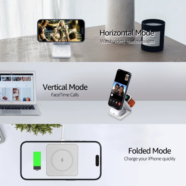 3-in-1Portable Wireless Charger Stand - 15W - White - Image 5
