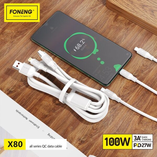Foneng X80 1.2M 3-in-1 Fast Data Cable - 100W - Image 3