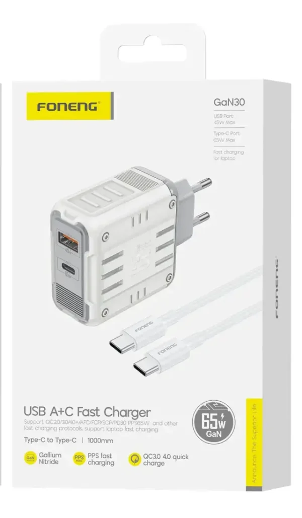 Foneng GaN30 USB A+C 2-Port GaN  Fast Charger - 65W | With Type-C To Type-C Cable - Image 2