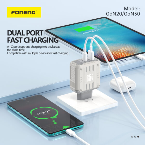 Foneng GaN30 USB A+C 2-Port GaN  Fast Charger - 65W | With Type-C To Type-C Cable - Image 7
