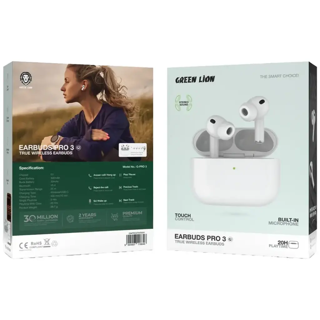 Green Lion Earbuds Pro 3 True Wireless Earbuds - White - Image 2