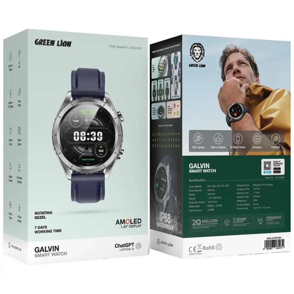 Green Lion Galvin Smart Watch with 1.43" AMOLED Display | Black - Silver Blue - Image 2