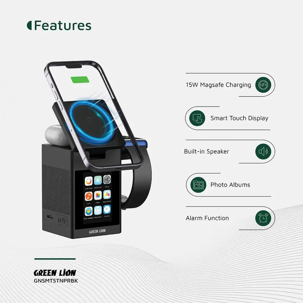 Green Lion Smart Station Pro LCD Display Wireless Charger with Speaker - Black - Image 2