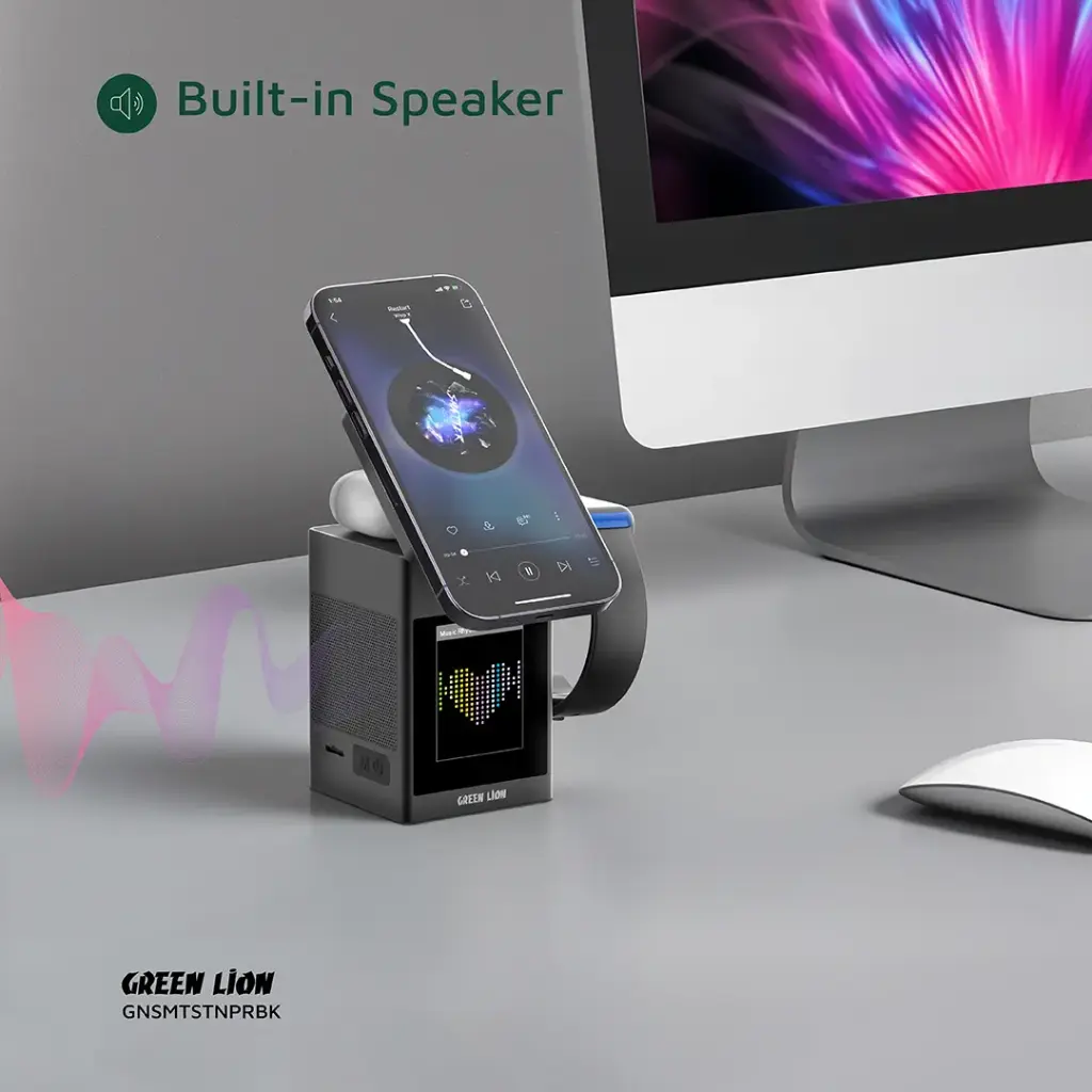 Green Lion Smart Station Pro LCD Display Wireless Charger with Speaker - Black - Image 7